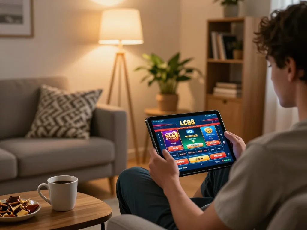 Player enjoying online gaming at LC88 casino on a tablet, cozy home environment.