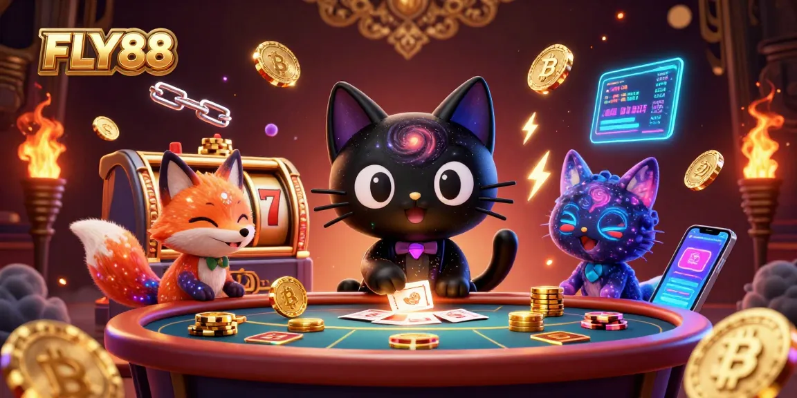 Enjoy thrilling gameplay with FLY88 as a cosmic cat tackles slot reels and crypto coins.
