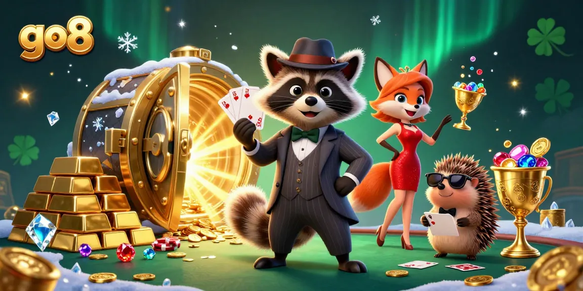Experience the excitement of go8 casino with suave raccoon and charming fox in a vibrant gaming scene.