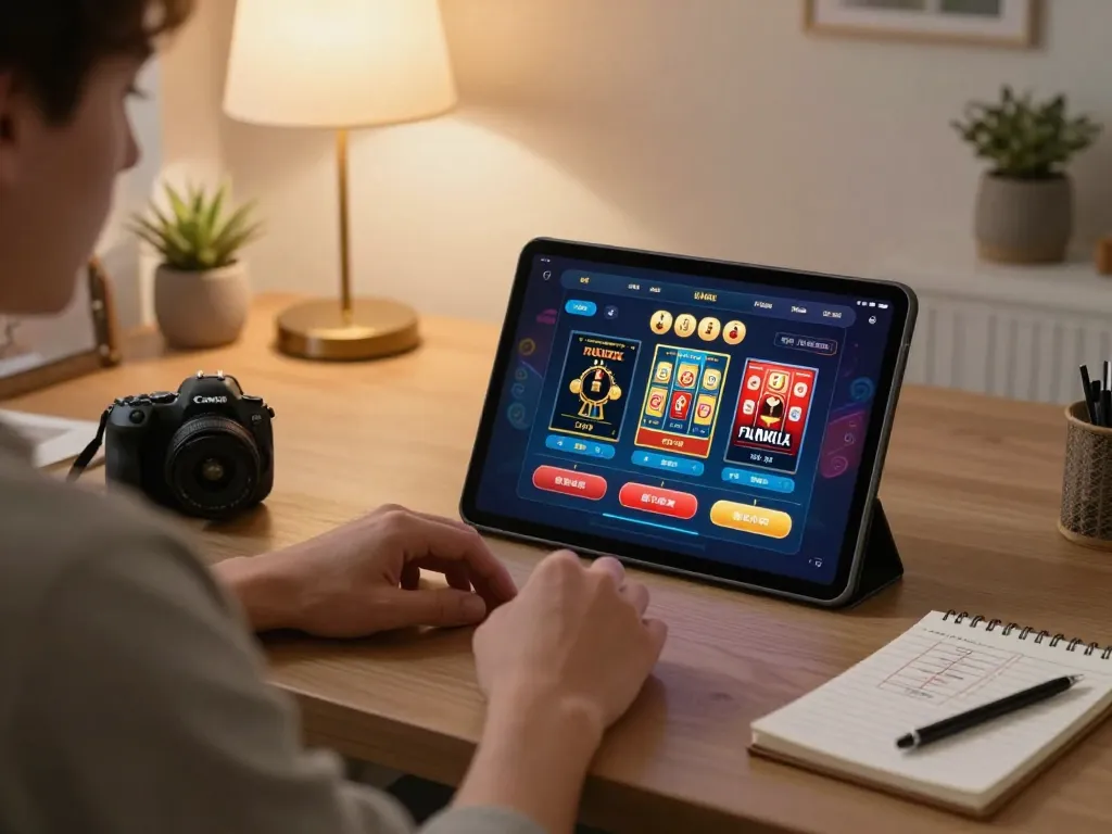 Engaging in online casino games at https://tr88.golf/ with a tablet showcasing slots and poker options in a cozy home office setting.