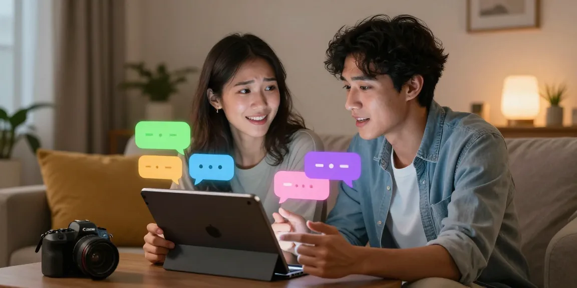 Young couple enjoying ai sex chat on a tablet in a cozy living room.