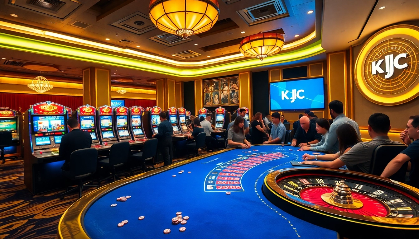 KJC casino scene with vibrant poker tables and engaged gamblers enjoying luxury gaming experience.