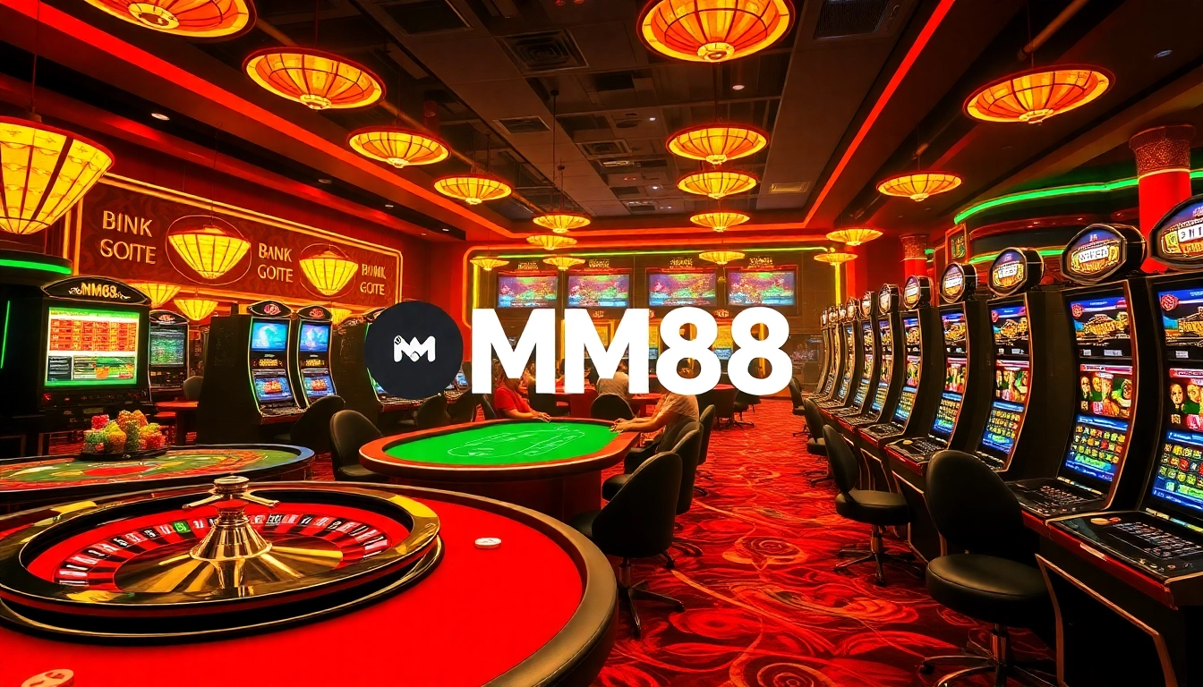 Engaging casino scene with MM88 branding featuring roulette and poker elements.