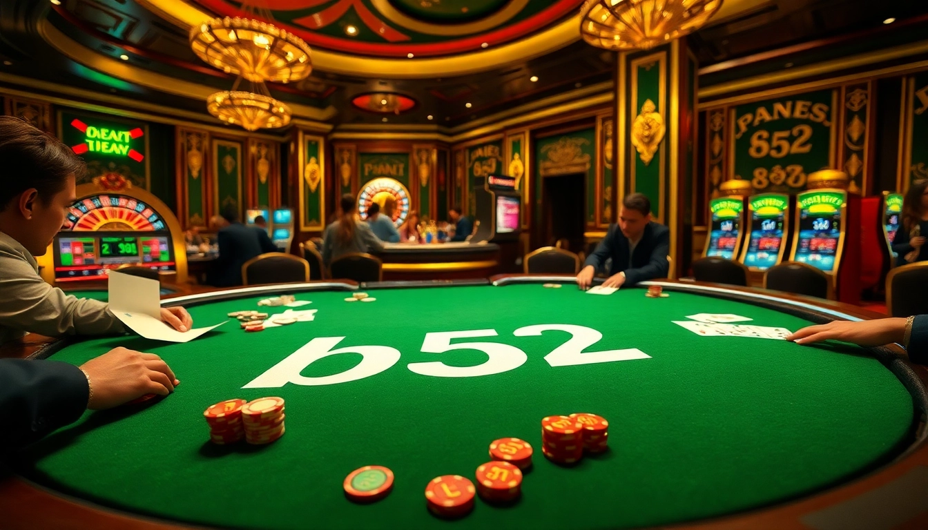 B52 gaming excitement at a vibrant casino table with players betting and engaging with cards.