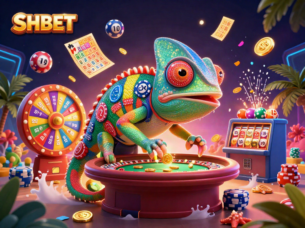 SHBET's vibrant casino scene showcases dynamic lottery balls, golden coins, and a chameleon character.