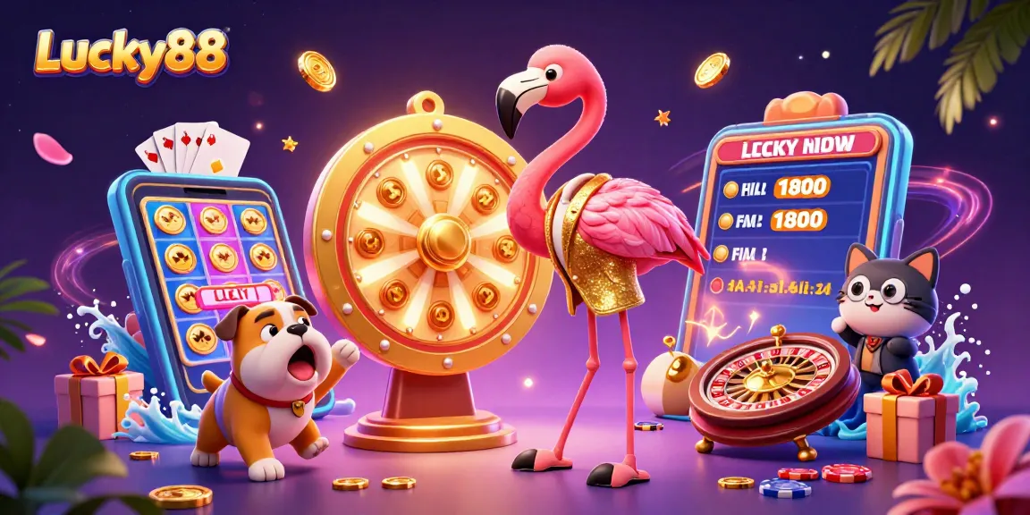 Experience the excitement of Lucky88 with a dynamic game show scene featuring vibrant casino elements.