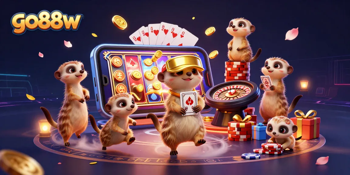 Bet on fun at go88w with meerkats displaying vibrant casino activities including slot games and poker.