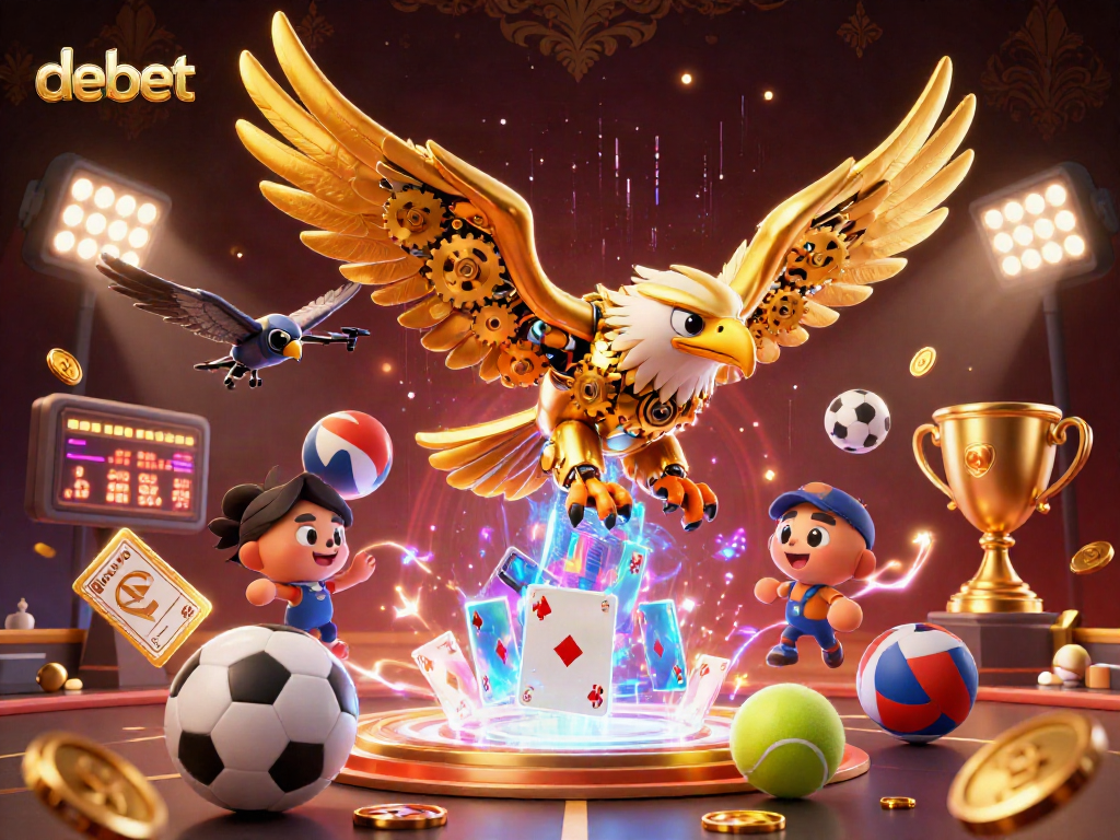 Experience thrilling sports betting with debet as a cybernetic eagle dives through vibrant holographic cards.