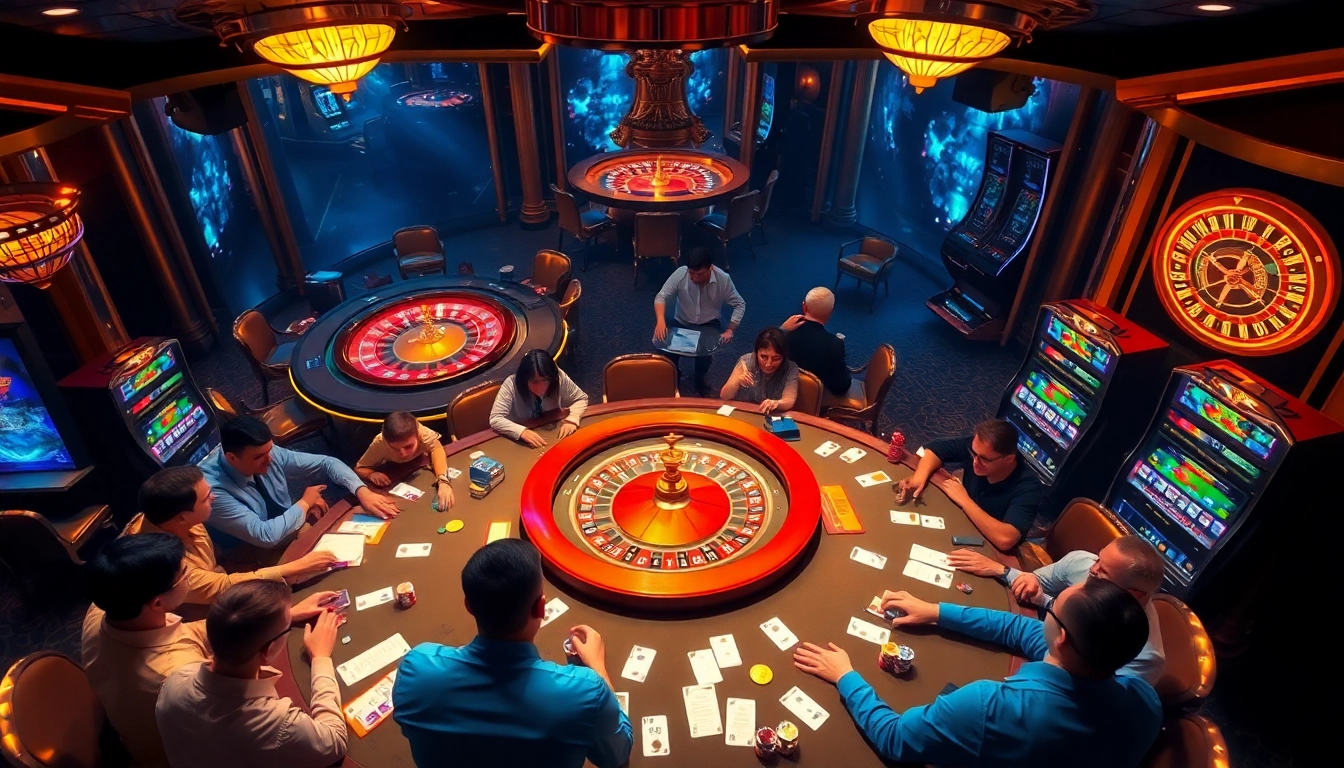B29 gaming experience with vibrant tables and thrilling slot machines in a luxurious casino atmosphere.