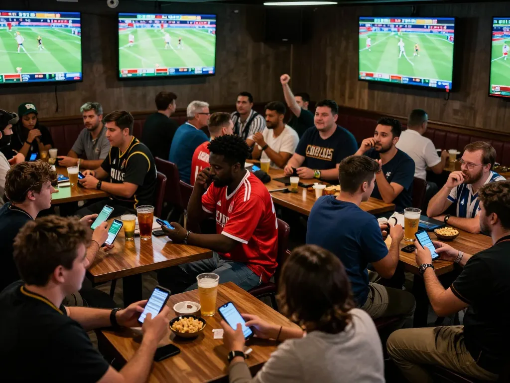O8 enthusiasts engage in sports betting excitement at a lively bar, placing bets and sharing drinks.