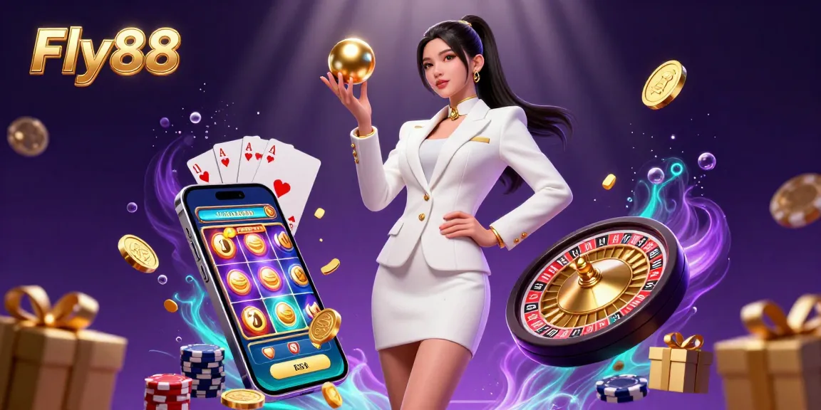 Engage in thrilling gameplay at Fly88 with a stunning Asian model showcasing casino elements in a vibrant 3D illustration.