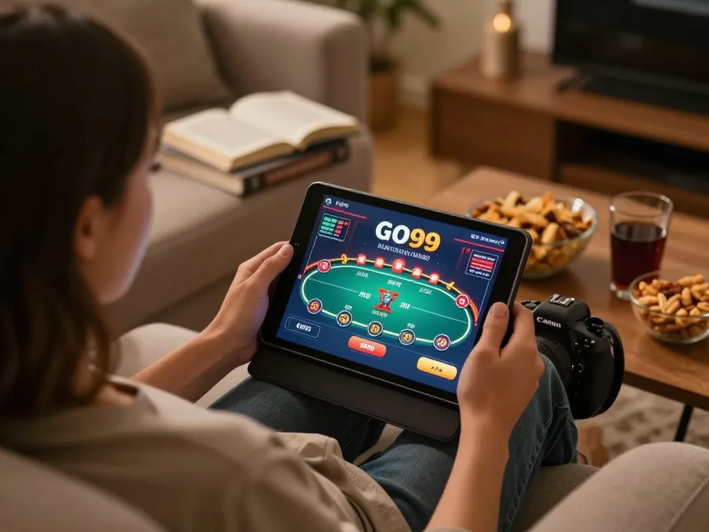 Engaging in a strategic GO99 poker game on a tablet in a cozy home setting.