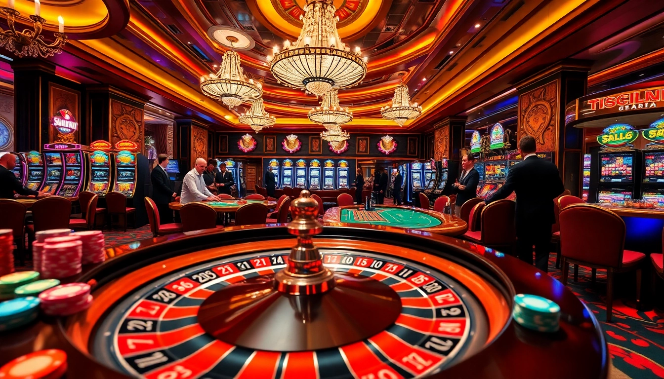 Exciting casino scene featuring players at roulette and slot machines, highlighting 555win.