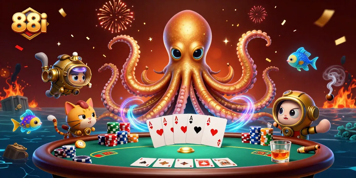 Engage with thrilling games at 88i casino, featuring a kraken and diving cat in an immersive 3D illustration.