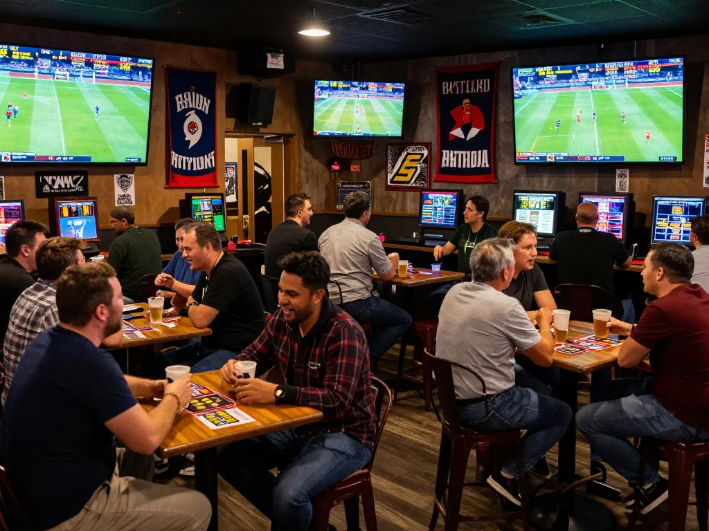 Ok9 fans cheering during live sports betting event in a vibrant bar atmosphere