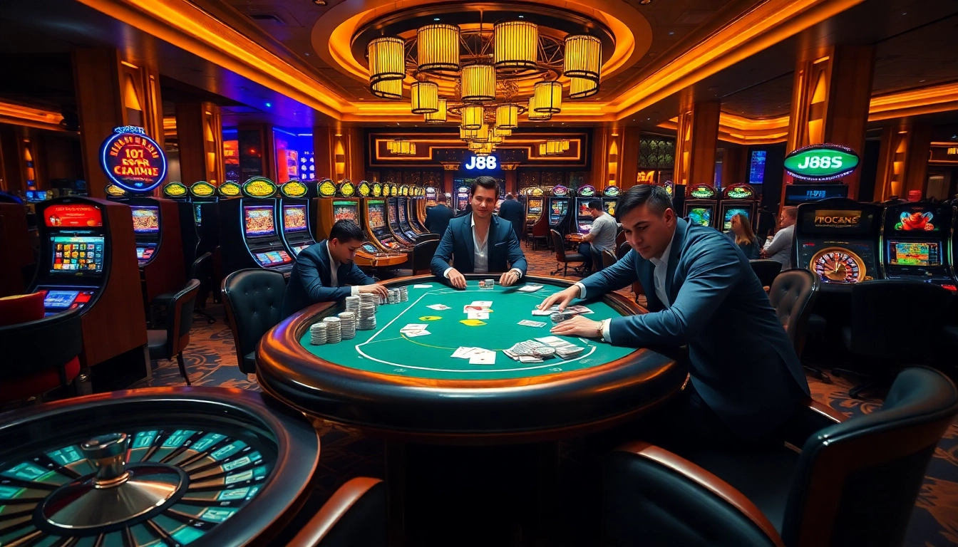 Exciting J88 casino scene with professional poker players and vibrant gaming tables.