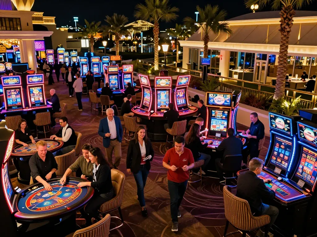 Players enjoying vmax casino games under vibrant neon lights in a lively outdoor setting.
