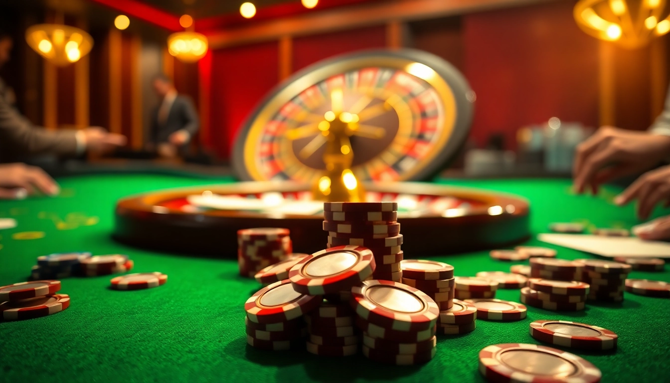 Engaging players at Trang chủ HU88 casino table with vibrant poker chips and roulette wheel.
