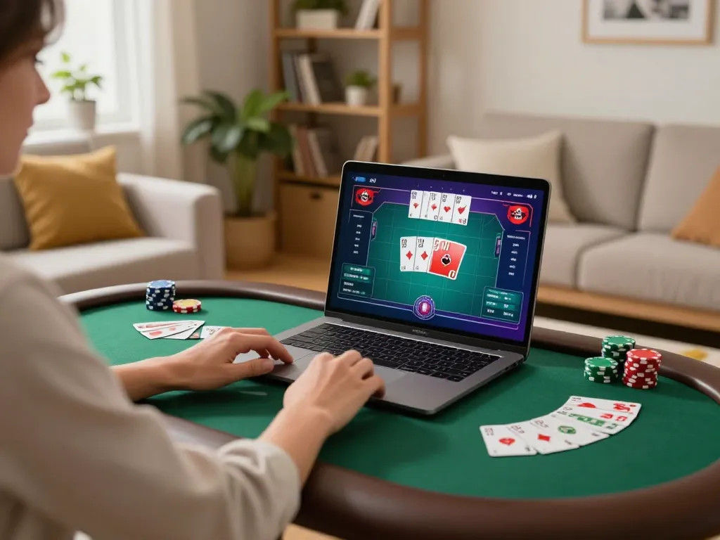 Player enjoying online poker gameplay on loto+188 from a cozy home setup, showcasing gaming atmosphere