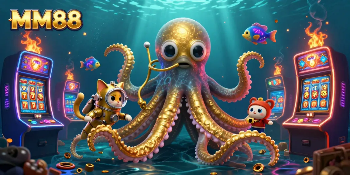 Engage with MM88's thrilling underwater world featuring a colossal kraken, diving cat, and casino elements.