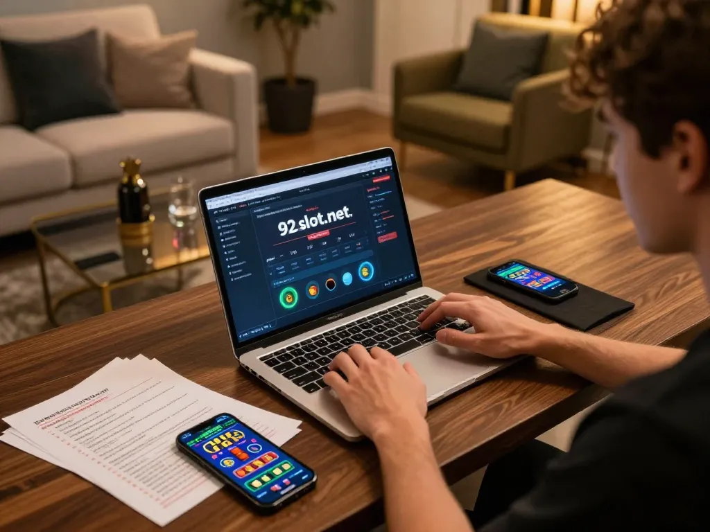 Engaged player at a stylish home gaming setup using https://92slot.net/ for online betting.