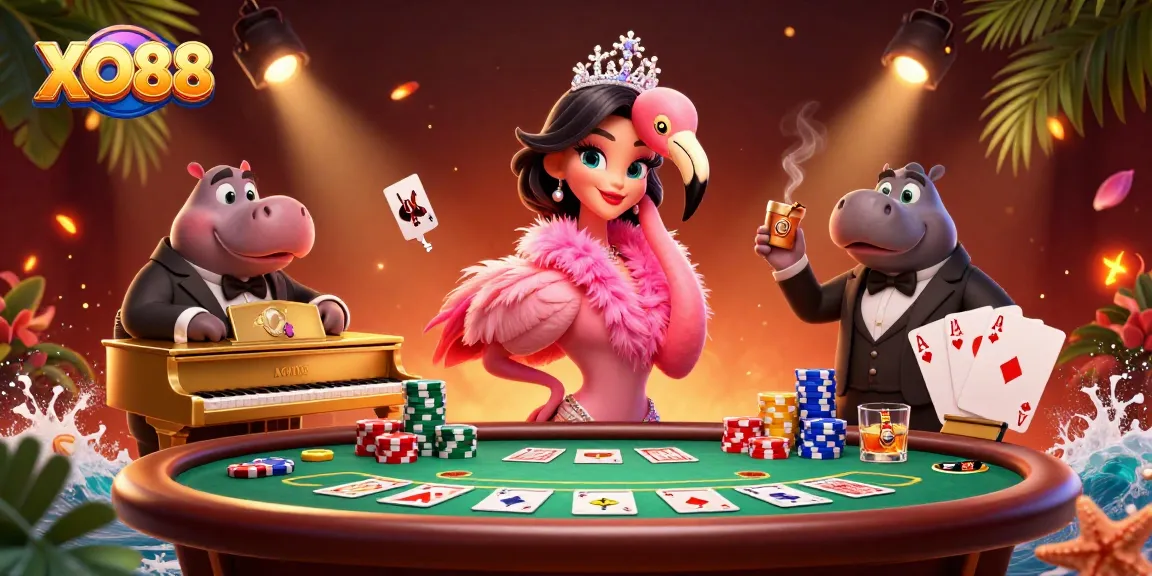 Engage in thrilling games with XO88’s vibrant 3D party scene featuring lively characters and casino elements.
