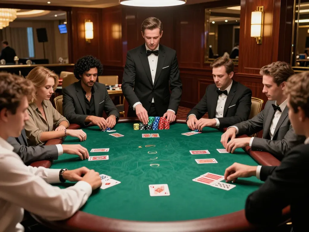 Experience strategic gameplay at https://cak-t.com/ in a high-end poker room, showing intense players and dealer in action.