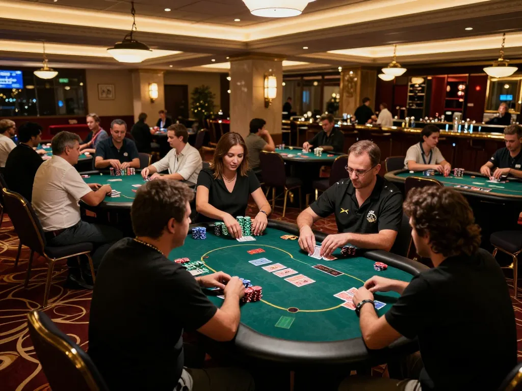 Kkwin players engaged in poker at an upscale casino, showcasing excitement and strategy.