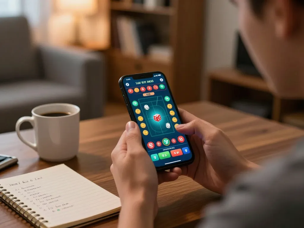 Tai xỉu online gameplay on smartphone in a cozy home setting, focusing on strategic betting.
