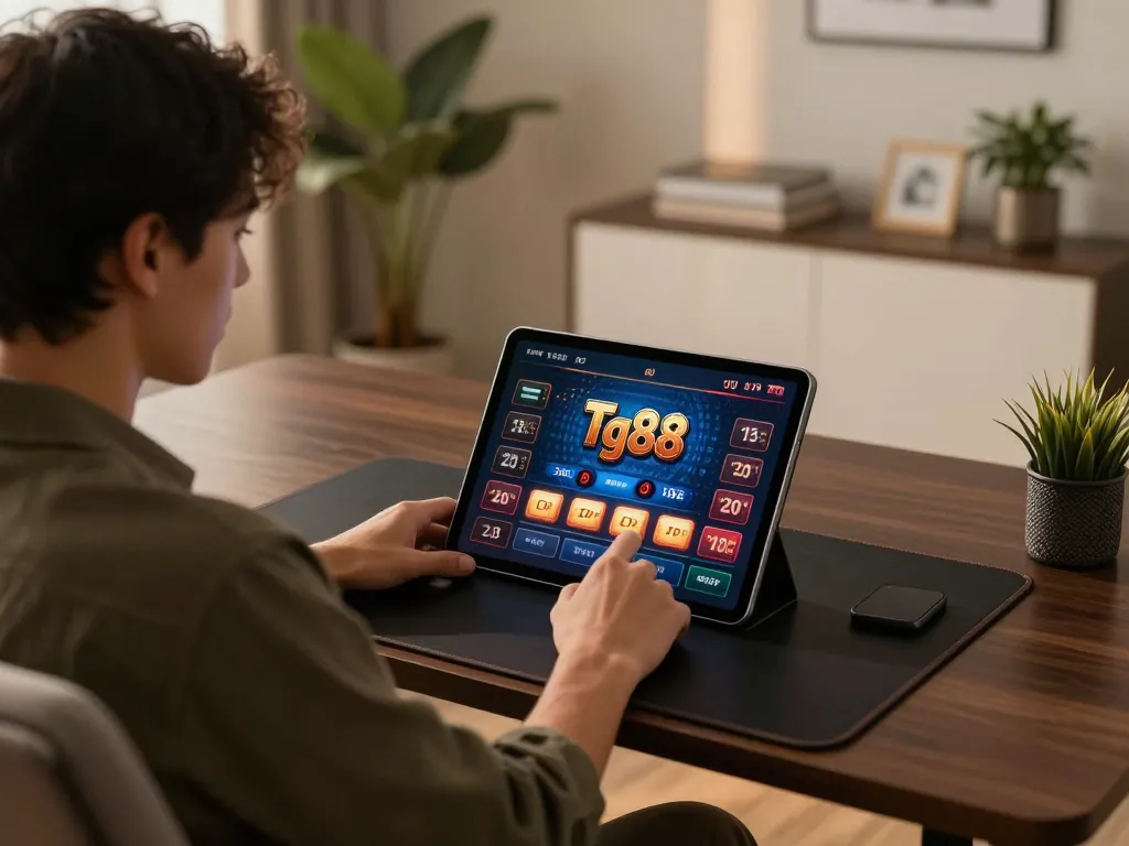 Tg88 player engaging in online gaming with dedicated tablet setup in cozy environment.