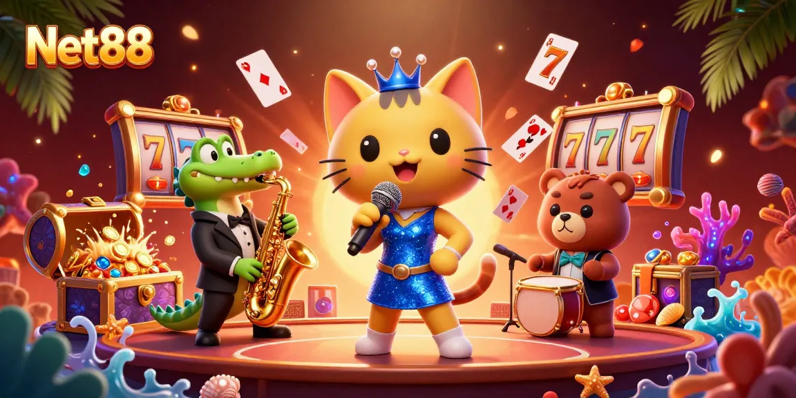 Win big with Net88 at a vibrant casino scene featuring animated characters and jackpot excitement.