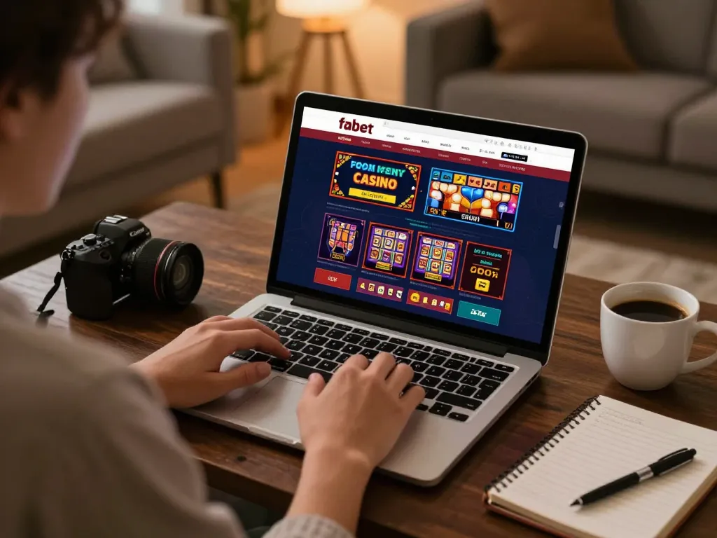 Player exploring fabet's live dealer games on a laptop in a cozy home setup.