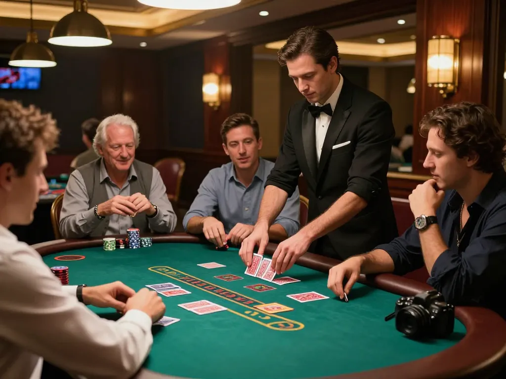 Kuwin players strategically engaging at a blackjack table in a high-end casino atmosphere