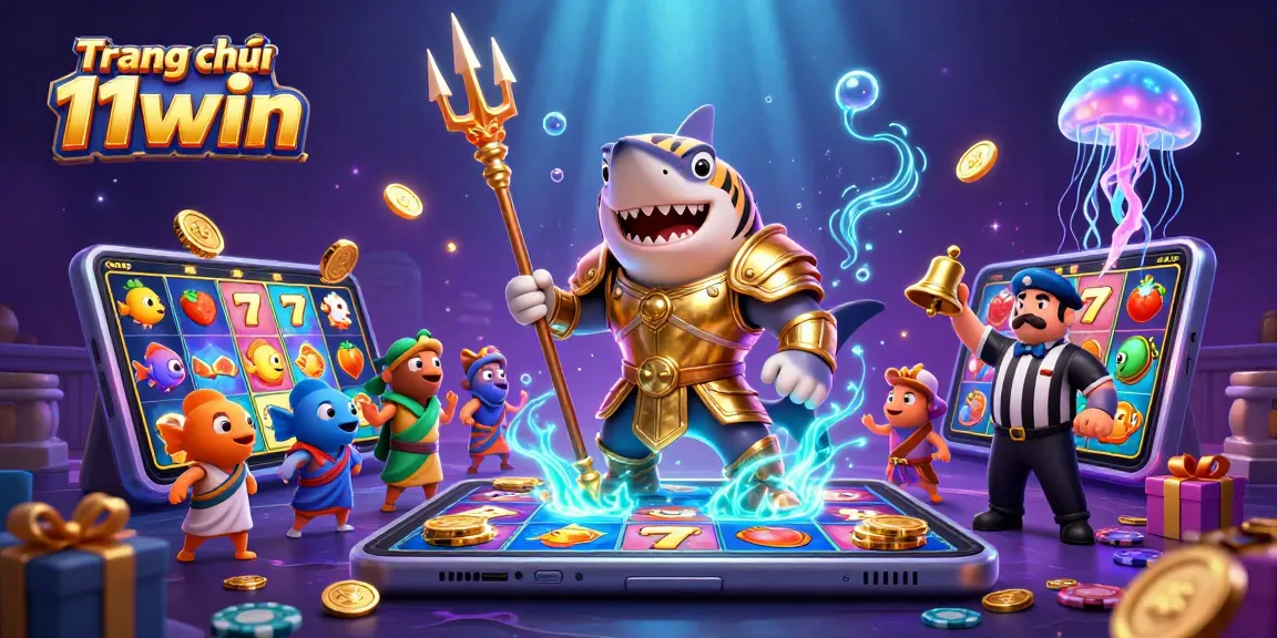 Spin to win at Trang chủ 11win with an underwater casino showdown featuring vibrant games and animated characters.