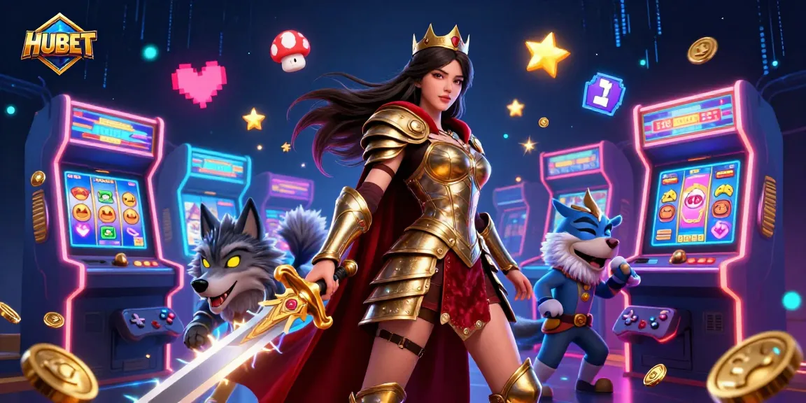 Engage in thrilling gameplay at HUBET with dynamic 3D characters amidst vibrant casino elements.