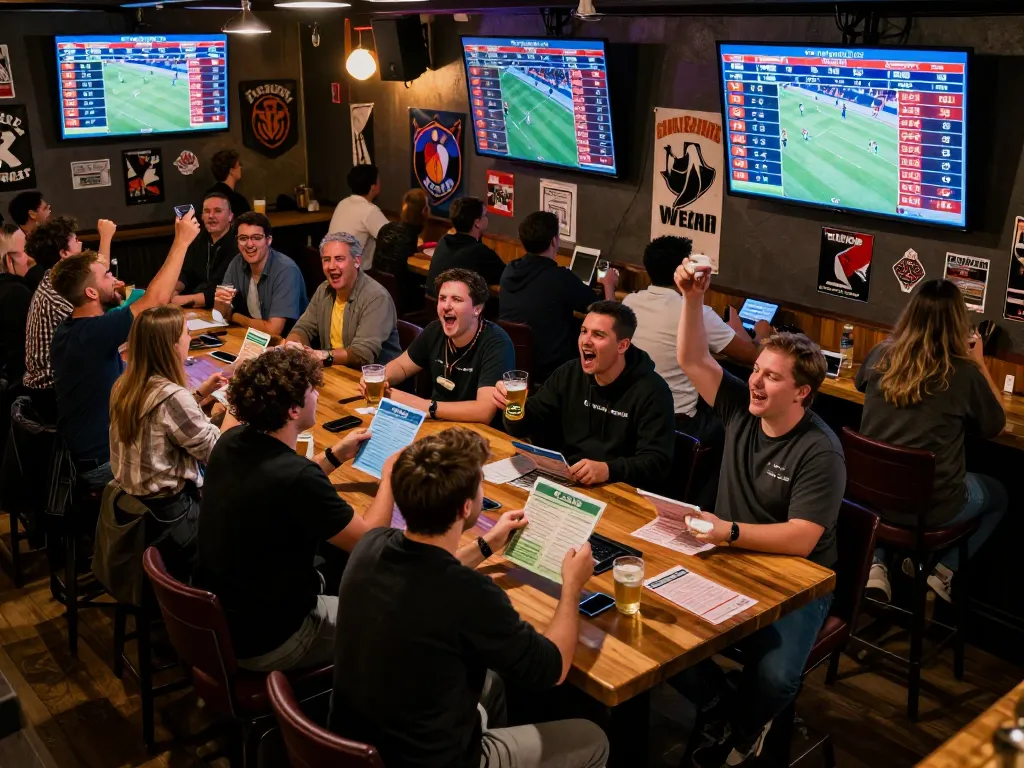 Exciting sports betting experience at ABC8 with fans cheering and analyzing odds.