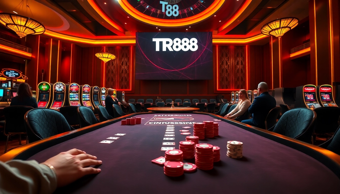 Exciting TR88 casino scene with poker table, vibrant colors, and engaging gamblers.