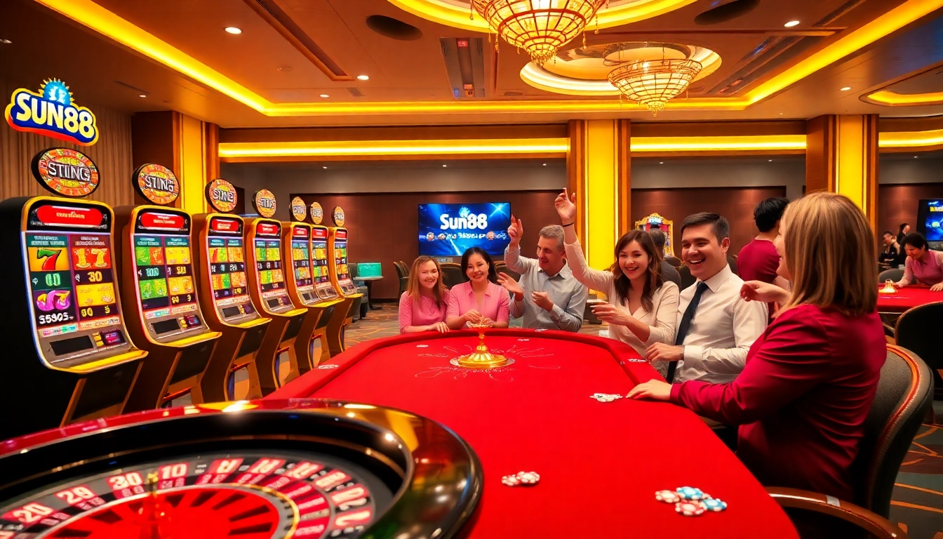 Players celebrating a big win at Sun88 casino tables with colorful graphics.