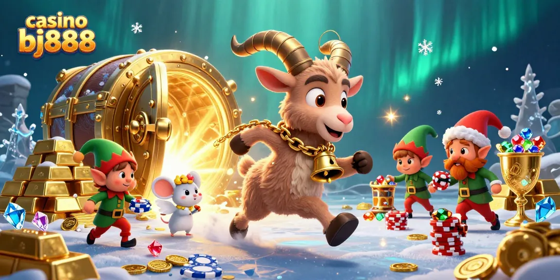 Engage with casino bj888's thrilling gaming scene featuring Krampus at a vibrant festive casino.