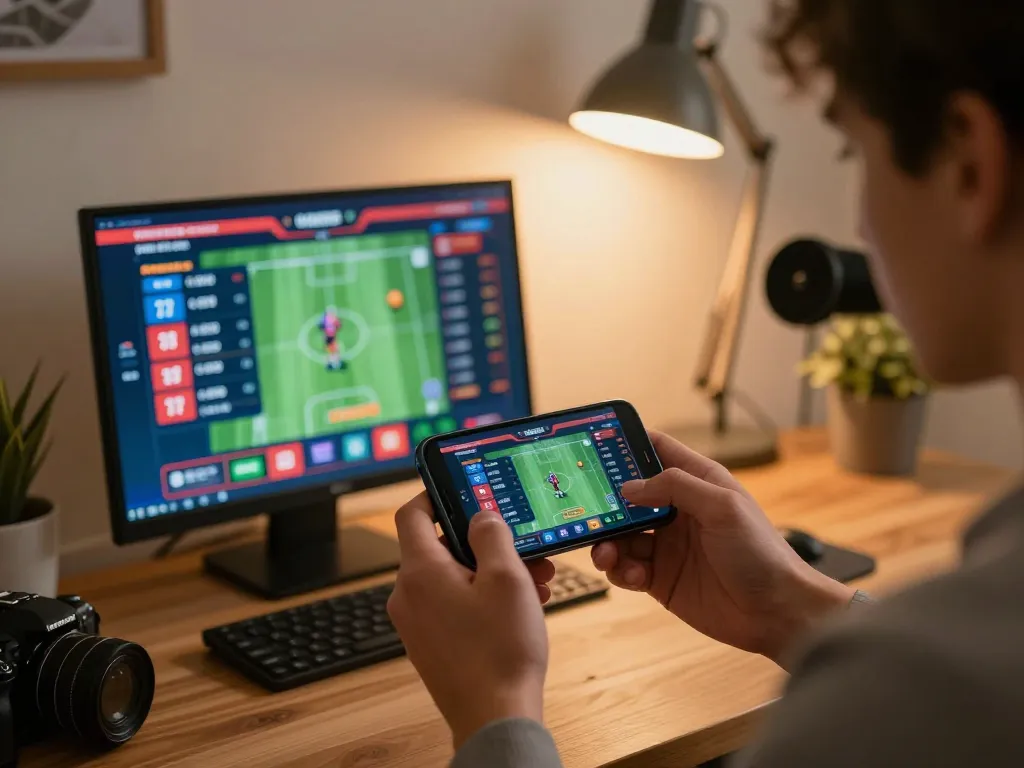 Betting on sports using the app on https://mm88.fun/ during an engaging home setting.