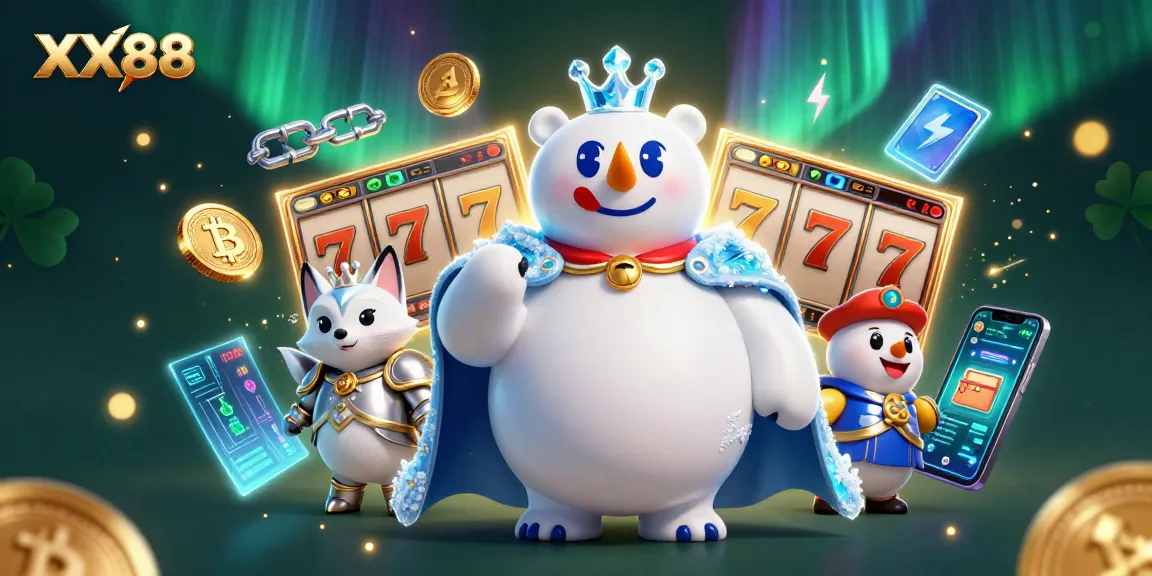 Win big at XX88 with an enchanting polar bear and snow fox in a vibrant casino scene.
