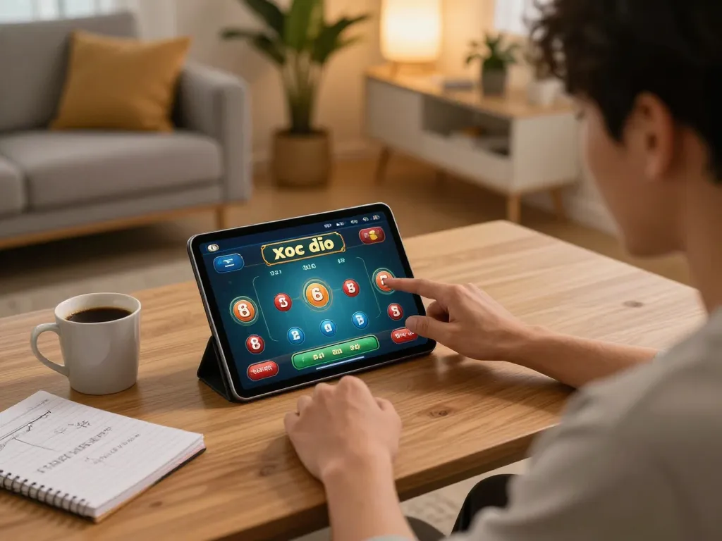 Xóc đĩa gameplay shown on a tablet, highlighting strategic betting decisions in a cozy home setting.
