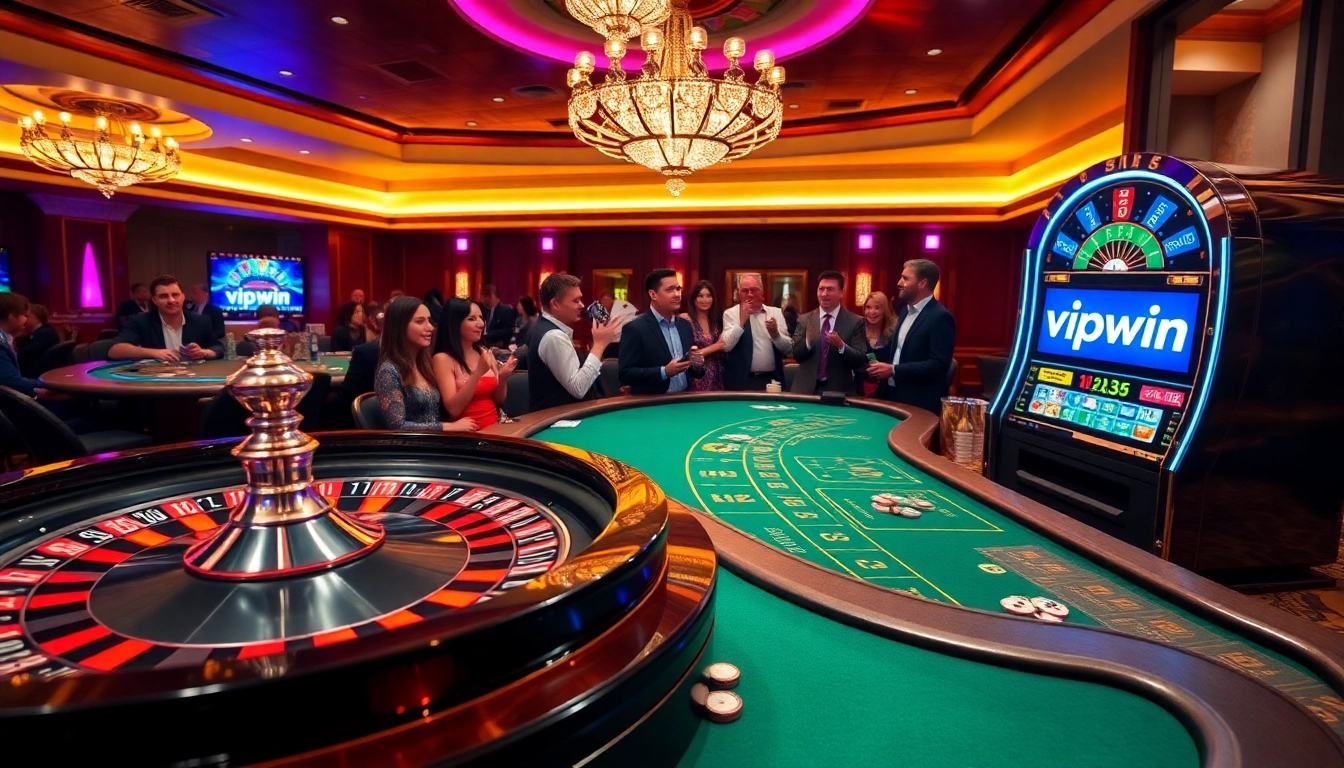 Exciting casino scene featuring vipwin branded slot machines and players at blackjack tables.