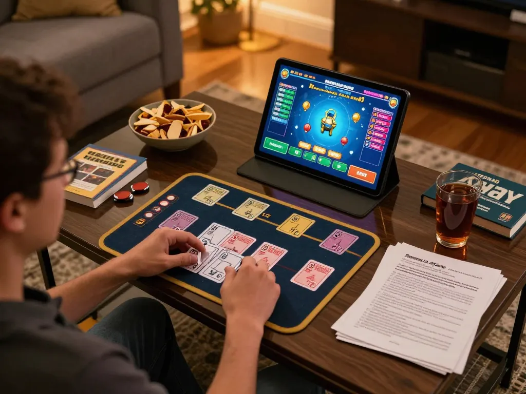 Engaging in online gameplay at home with 68gamebaivn tablet in hand, enjoying a cozy gaming atmosphere