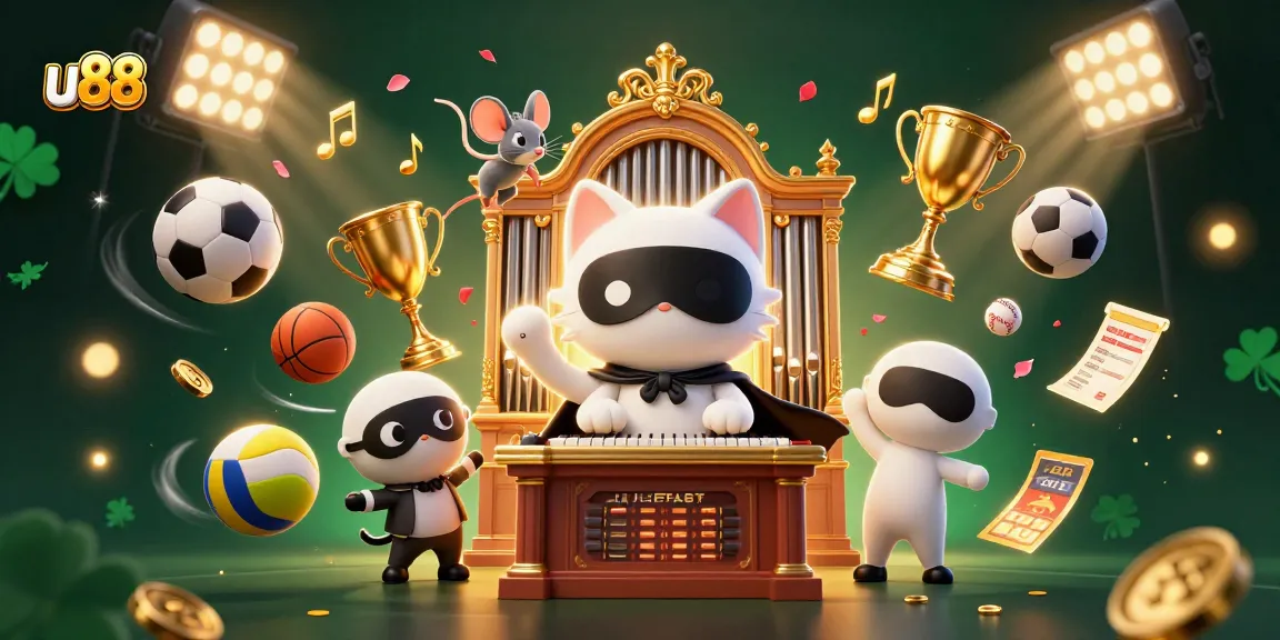 Join the excitement of u88 with a dynamic casino scene showcasing playful characters and sports betting action.