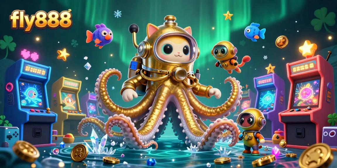 Experience thrilling gameplay at fly888 with an enchanting scene featuring a kraken and a diving cat.