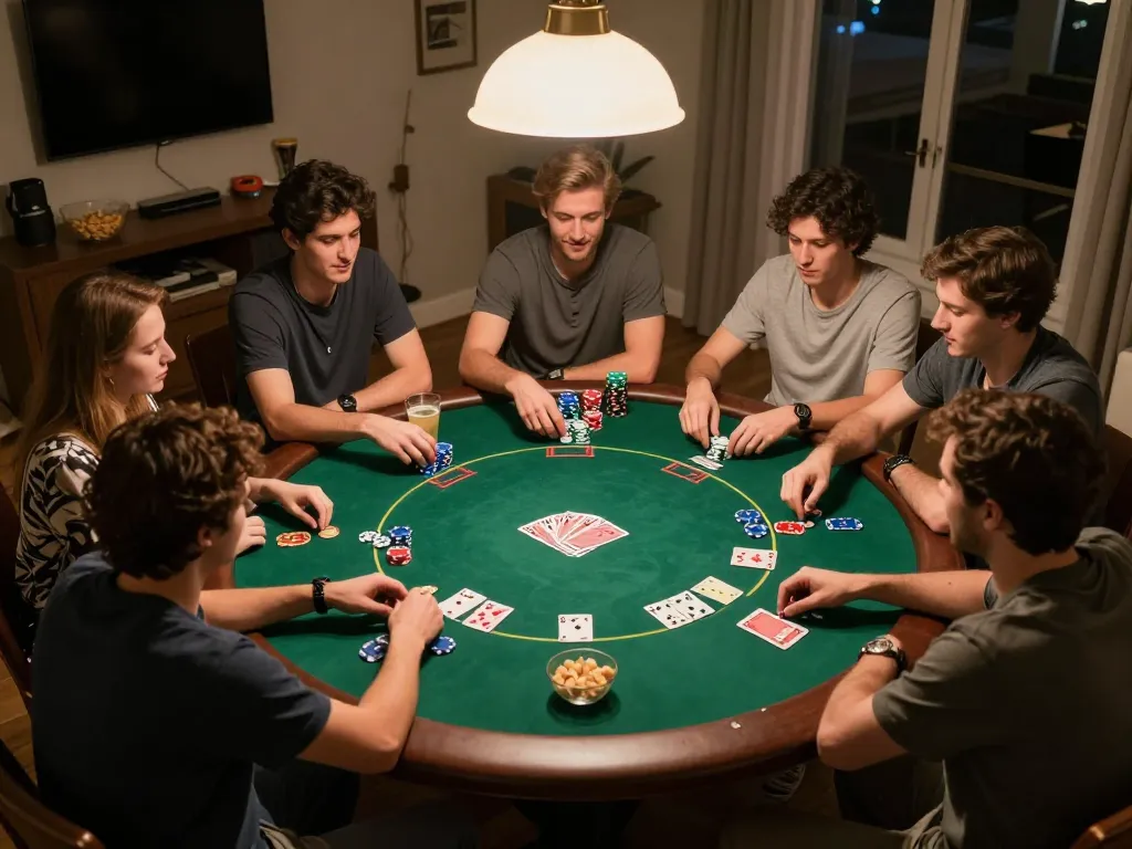 Participants enjoying a friendly poker night at home, engaging in strategic gameplay while surrounded by snacks and drinks, showcasing hit club camaraderie.