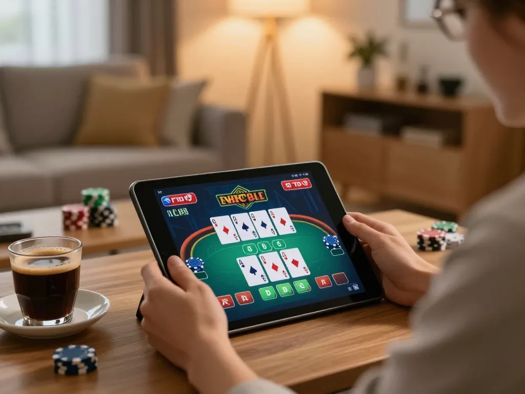 Player enjoying XX88 online casino on tablet, live dealer poker game in cozy home setting.