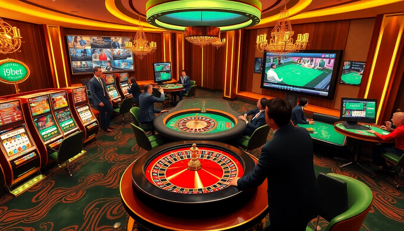 Exciting online gambling experience at i9bet with vibrant slot machines and poker tables.