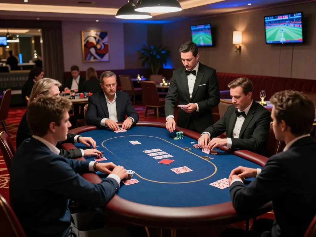 Players engaged in competitive poker game at upscale casino showcasing strategic gameplay and hm88 betting dynamics